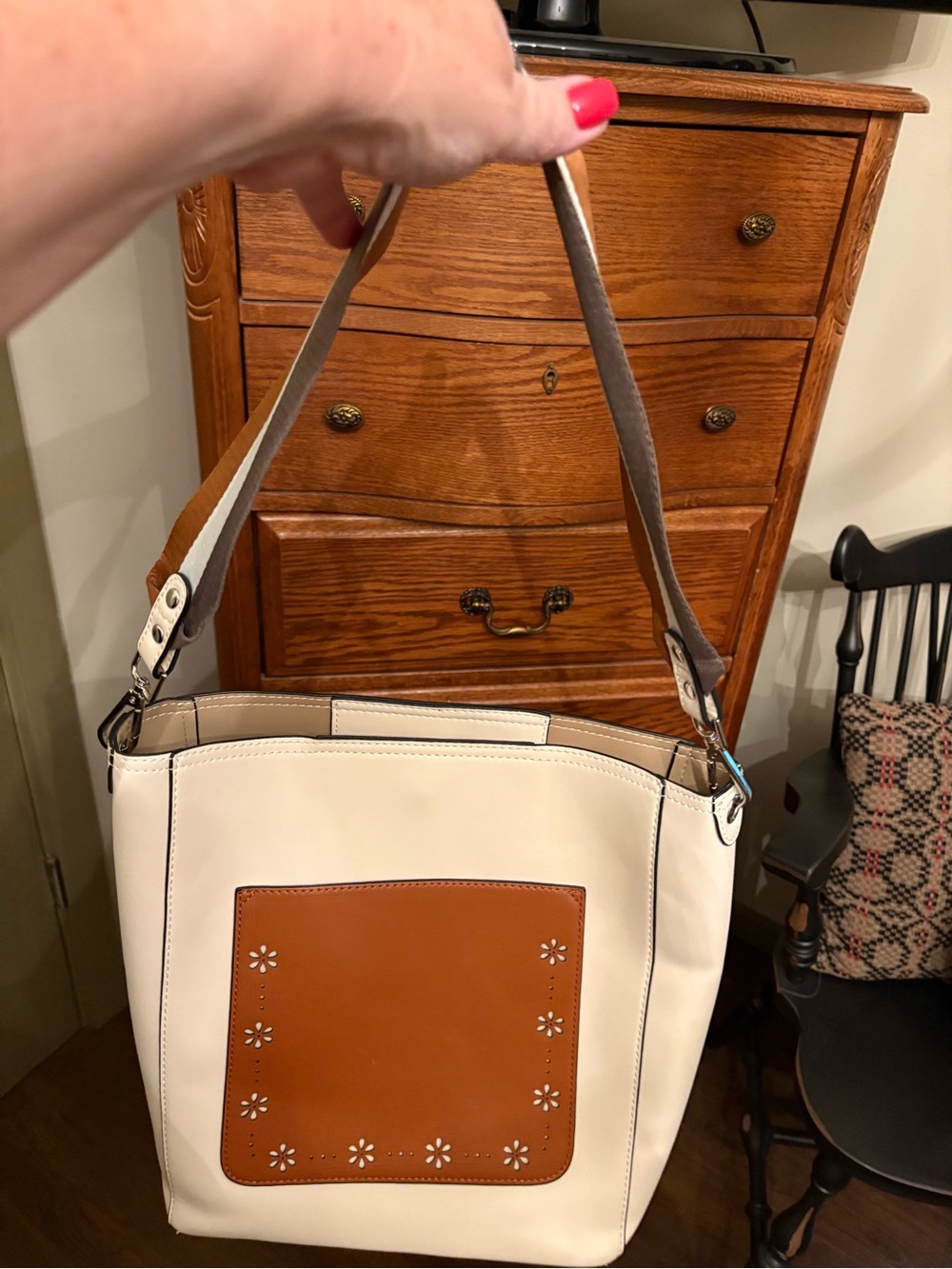 Cream Shoulder Bag with Tan Front Pocket and Dual-Strap Detail
